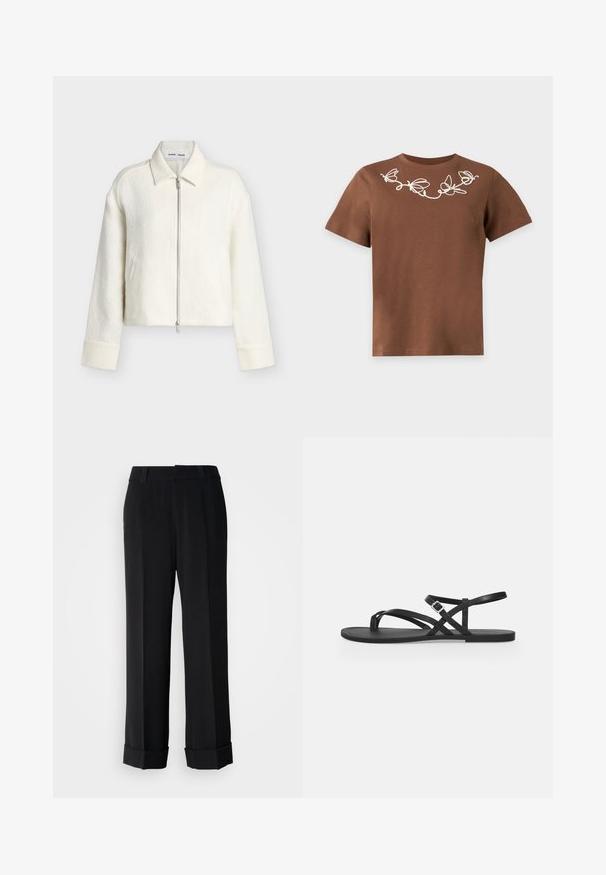 Off-white tekstureret lynlåstrøje med lange ærmer, krave og lige kant, vist på en ensfarvet lys baggrund.; Brun t-shirt med korte ærmer og hvid sommerfugl-linjetegning over øvre bryst og halsudskæring på ensfarvet baggrund.; Sorte vidde bukser med skræddersyet design, der har en manchet ved kanten og en glat stoftekstur for et sofistikeret udseende.; Sort flad sandal med tynde stropper, tåloop og justerbar spænnelukning ved anklen på en ensartet lysegrå baggrund.