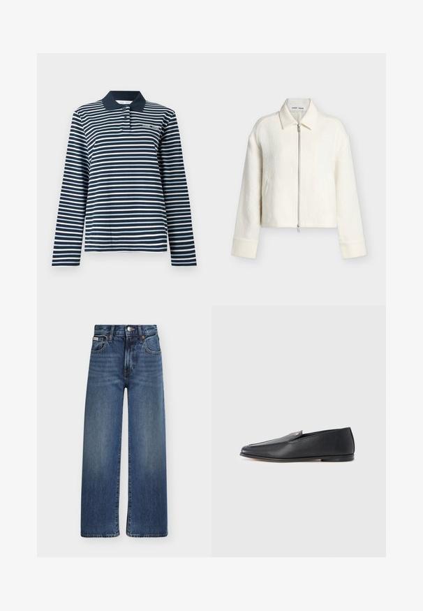 Ζακέτα off-white με υφή και φερμουάρ, μακριά μανίκια, γιακάς και ίσια τελική γραμμή, απεικονίζεται σε απλό φωτεινό φόντο.; Πόλο μπλούζα με μακριά μανίκια σε ναυτικό μπλε και λευκές ρίγες, από βαμβακερό ύφασμα, με γιακά με κουμπιά και μικρό λογότυπο στο στήθος.; Τζιν με ίσια μπατζάκια σε μπλε ύφασμα denim με εμπρόσθιο κούμπωμα κουμπιού και φερμουάρ, θηλιές για ζώνη και σχεδίαση με πέντε τσέπες.; Μαύρα δερμάτινα μοκασίνια με απαλή υφή, στρογγυλεμένη μύτη και λεπτομέρειες διακριτικής ραφής. Διαθέτει χρυσό λογότυπο στη πάνω πλευρά.