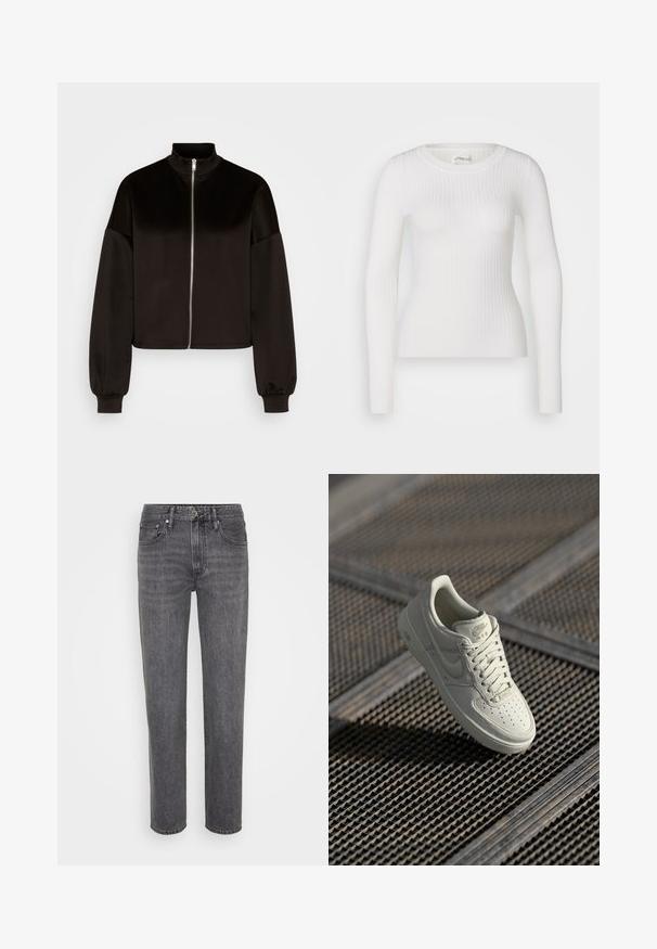 Vero Moda VMPANNA ZIP - Verryttelytakki - black; Valkoinen pitkähihaisen ribbipaita pyöreällä kaula-aukolla. Kangas on sileä, siinä on hienovarainen tekstuuri ja tiukka muotoilu. Ei näkyvää varustusta tai kuvioita.; Mustat farkut, joissa on suora lahje, klassinen viiden taskun tyyli ja nappisuljenta. Farkuissa on myös hienovaraisia haalistumia ja ompeluyksityiskohtia.; Valkoiset Nike Air Force 1 -lenkkarit, joissa on sileä nahka, rei'itetty varvasosa, yksiväriset nauhat ja vaalean kullanväriset logokoristeet. Kelluu teksturoidun pinnan yllä.
