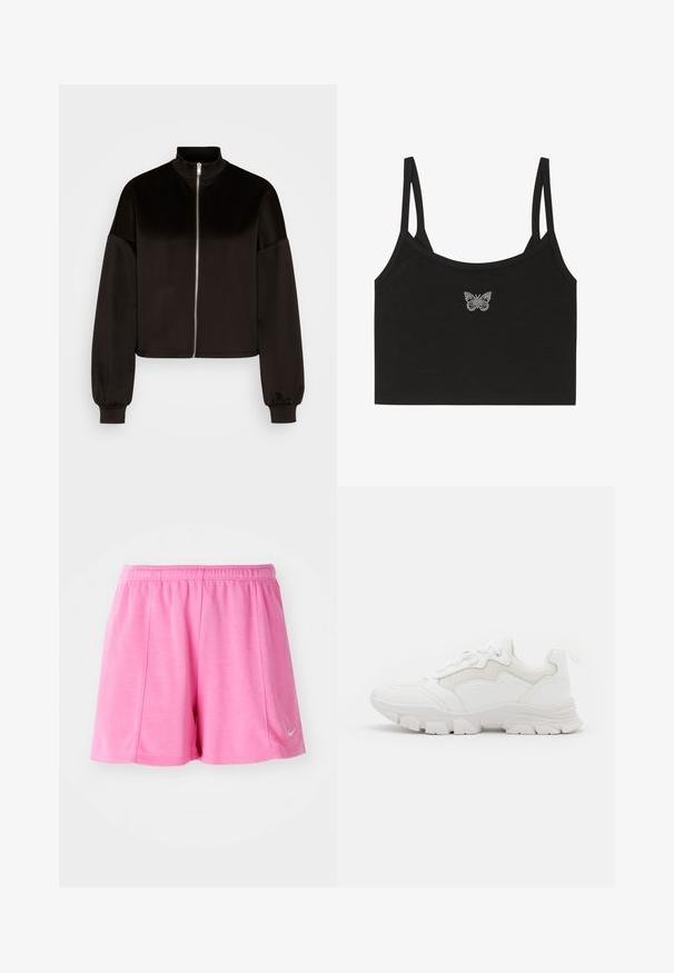 Vero Moda VMPANNA ZIP - Spordijakk - black; Even&Odd Topp - black; Roosa sportlikud lühikesed püksid, mis on valmistatud pehmest kangast, elastse vöökohtadega ja külgmise logo aktsendiga. Sirge jala disain siledast tekstuurist.; NA-KD CONTRAST SOLE TREKKING - Tossud - white