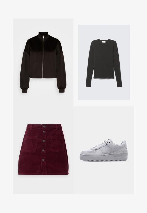 Vero Moda VMPANNA ZIP - Trainingsjacke - black; Schwarzes Langarmshirt mit Rundhalsausschnitt und schlanker Passform, liegend auf einem hellgrauen Hintergrund.; Burgunderrote Cord-Rock mit hoher Taille, fünf vorderen Knöpfen und zwei vorderen Taschen; strukturierter Stoff mit vertikalen Rippungen.; Graue Nike Air Force 1 Sneaker mit perforierter Zehenpartie, Obermaterial aus glattem Leder, dicker Sohle und geprägtem 'AIR'-Detail an der Ferse.