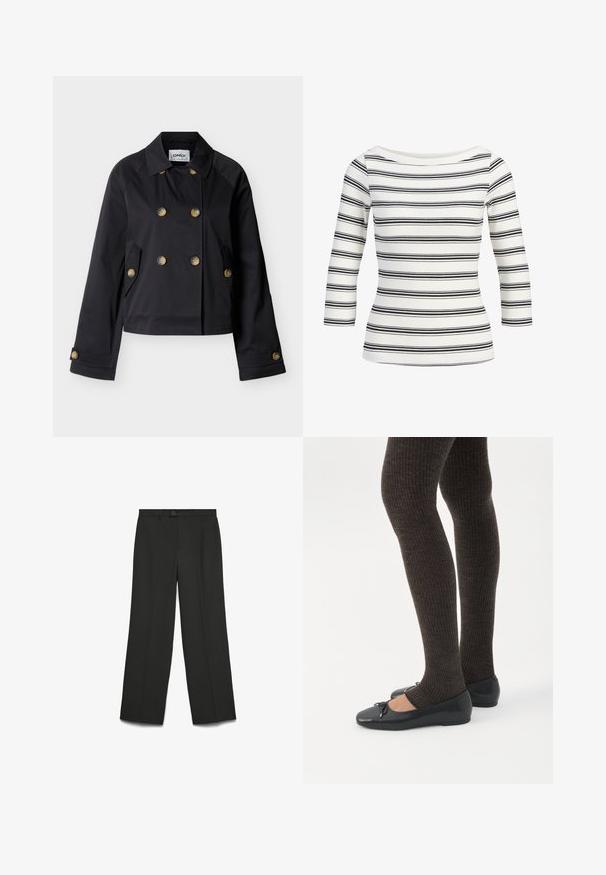 Veste noire courte à double boutonnage avec large col, six boutons marron, poches à rabat latérales et poignets de manches boutonnés.; Haut en maille côtelée blanche avec des rayures horizontales noires, manches trois-quarts et encolure bateau.; Pantalons larges noirs en tissu lisse ; dotés d'une fermeture à bouton, d'un devant plat et de deux poches latérales. Design ajusté, sans motifs.; Jambes portant des leggings côtelés foncés associés à des ballerines noires avec de petits détails en nœud sur fond blanc.