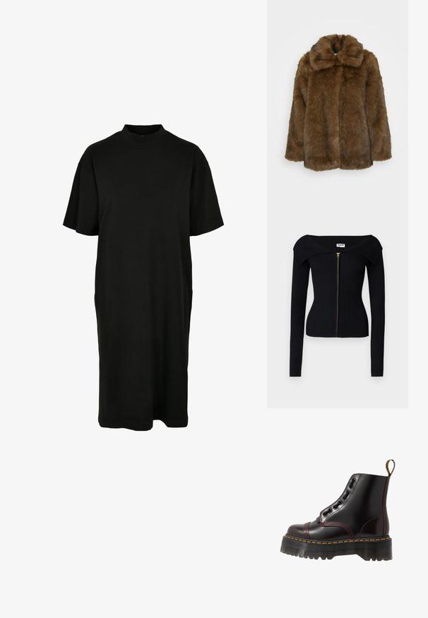 Brun faux fur frakke med høj krave, struktureret overflade og et løst fit. Har en fuld front og ingen synlige lukninger.; Noisy May NMJULIET CROP - Cardigan - black; Sort kjole med høj halsudskæring og korte ærmer. Lavet af blødt bomuldsstof, har en løs pasform og sidelommer.; Dr. Martens SINCLAIR - Plateaustøvletter - cherry red arcadia
