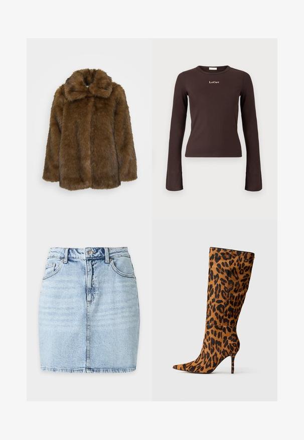 Brun faux fur frakke med høj krave, struktureret overflade og et løst fit. Har en fuld front og ingen synlige lukninger.; Brun langærmet ribstrikket top med rund halsudskæring og et lille pink broderet logo på brystet. Blød tekstur og slank pasform.; Lyseblå denim mininederdel med frontknap, bæltestropper, to forlommer og synlig lodret søm ned langs midten.; Brune leopardprint højhælede støvler med spidse tæer og tætsiddende design. Materialet fremstår glat med en let struktur.