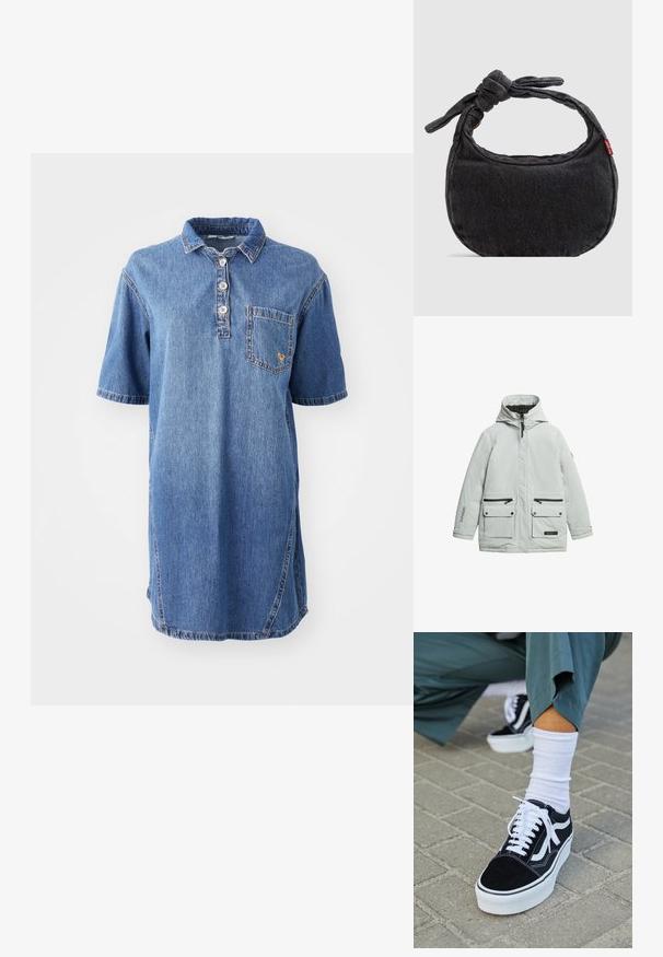 Lichtgrijze geïsoleerde jack met een capuchon, een ritssluiting aan de voorkant, twee zijzakken en een logo op de mouw. Glad materiaal met een strakke uitstraling.; Denim polo jurk in lichtblauw, met een kraag, korte mouwen, een vierknops sluiting en een zakje aan de linkerkant van de borst.; Zwarte suède sneaker met witte accenten en veters, uitgerust met een dikke witte zool en contrasterende stiksels, gecombineerd met een witte sok.; Kleine zwarte denim schoudertas met een gestrikte riem en ritssluiting, met een rood Levi's stoffen label aan de zijkant.