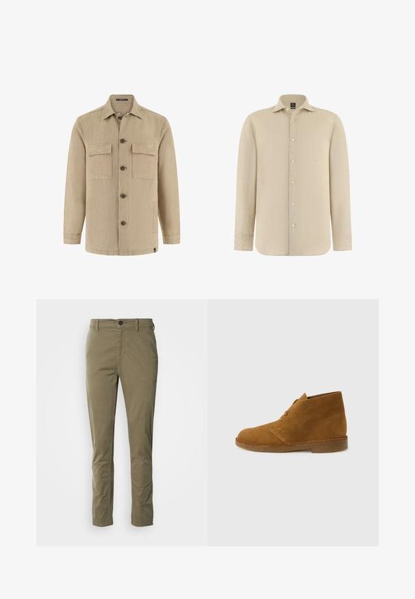 Veste-chemise beige à manches longues avec deux poches poitrine à rabat, poches latérales, col classique, et boutons marron.; Chemise beige à manches longues avec boutons, col pointu, tissu texturé et poignets standards, présentée sur un fond blanc.; Chinos vert olive en coton avec une texture lisse. Comprend une fermeture à bouton, des poches latérales et une coupe ajustée.; Botte désert en daim marron montant à la cheville avec deux œillets et semelle en crêpe sur fond gris clair uni.