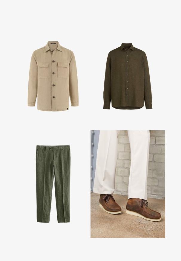 Beige langærmet skjortejakke med knapper, to brystlommer med klap og sidelommer, klassisk krave og brune knapper.; Langærmet olivengrøn hørskjorte med knapper foran, klassisk krave, lige kant og manchetter med knapper.; Next SIGNATURE - REGULAR FIT - Bukser - olive green; Brune lædermokkasinstøvler med hvide såler, båret med offwhite bukser, stående på en tekstureret beton gulv nær en murstensvæg.