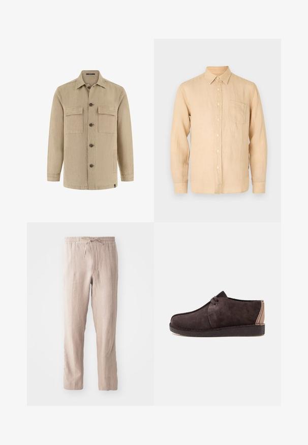 Beige pitkähihaisen paitatakin, jossa kaksi läppätaskua rinnassa ja sivutaskut, klassinen kaulus ja ruskeat napit.; Vaaleanbeige pitkähihaista pellavapaitaa, jossa on napillinen kaulus, etutasku ja sileä, hieman teksturoidumpi pinta. Klassinen malli ja yksinkertainen muotoilu.; Beige pellavahousut, joissa on elastinen vyötärö ja nauha. Suora lahkeen muotoilu, pehmeä tekstuuri ja minimalistinen tyyli.; Tummanruskea mokkainen nauhakenkä, jossa litteä pohja ja beige nahkainen yksityiskohta kantapäässä, sivulta esitettynä.