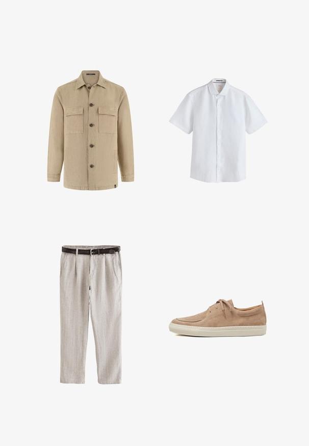 Beige langærmet skjortejakke med knapper, to brystlommer med klap og sidelommer, klassisk krave og brune knapper.; Hvid kortærmet skjorte med knapper og klassisk krave, lavet af letvægtsstof, vist på en ensartet hvid baggrund.; Lyse beige hørbukser med plisseringer, sidelommer og et mørkebrunt vævet bælte med sølvspænde.; Beige ruskinds-sneakers med rundet tå, snøredesign og hvid gummisål med diskret syning og mærkning på hælen.