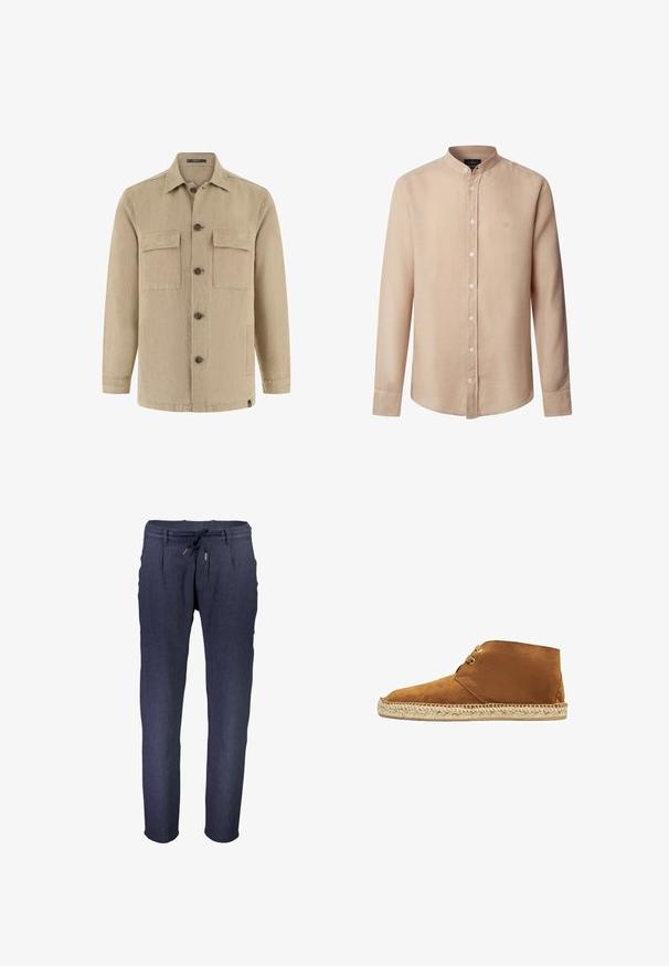 Beige overhemdjack met lange mouwen, twee borstflapzakken en zijzakken, klassieke kraag en bruine knopen.; Beige overhemd met lange mouwen, knoopsluiting, mandarijnkraag en een klein geborduurd logo op de linkerbovenborst.; Middengrijze, taps toelopendebroek gemaakt van textuurstof, met een elastische tailleband met verstelbaar trekkoord en zijzakken.; Bruine suède enkellaarsjes met een ronde neus en een jute touwzool. Beschikt over een vetersluiting en een soepele textuur, ideaal voor casual draag.