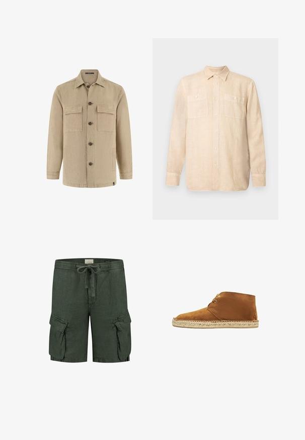 Chaqueta camisa beige de manga larga con botones, dos bolsillos con solapa en el pecho, bolsillos laterales, cuello clásico y botones marrones.; Camisa de lino beige de manga larga con cuello abotonado, dos bolsillos en el pecho y botones delanteros. Textura suave con sensación ligera.; Pantalones cortos cargo de lino verde oscuro con cinturilla elástica, cierre de cordón y dos bolsillos laterales con detalles de solapa.; Botas ankle de ante marrón con puntera redonda y suela de cuerda de yute. Presenta un diseño de cordones y una textura suave, ideal para el uso casual.
