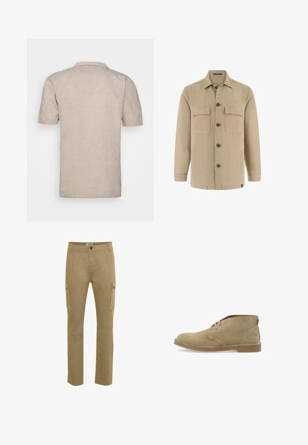 Veste-chemise beige à manches longues avec deux poches poitrine à rabat, poches latérales, col classique, et boutons marron.; Chemise en lin beige à manches courtes avec un col, dotée d'un tissu texturé et d'un ourlet droit, sans motifs visibles ni accents.; Pantalons cargo beige avec une coupe droite, fabriqués en coton robuste. Dotés de poches latérales, d'une fermeture à bouton et de détails de genoux renforcés.; Botte désert en daim beige avec deux œillets, semelle cousue et hauteur basse à la cheville, vue de profil sur fond blanc.