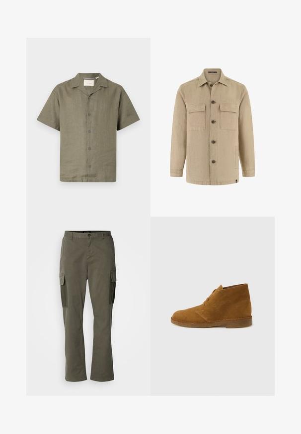 Beige Hemdjacke mit langen Ärmeln, zwei Brustklappentaschen und Seitentaschen, klassischem Kragen und braunen Knöpfen.; Kurzarmhemd aus olivgrüner Leinen mit einem Campkragen und sechs passenden Knöpfen auf der Vorderseite, mit einem lockeren Schnitt und strapazierfähigem Stoff.; Olivgrüne Cargo-Hose mit geradem Schnitt, ausgestattet mit seitlichen Taschen, Reißverschluss und einem strapazierfähigen Baumwollmischgewebe.; Brauner Wildleder-Wüstenstiefel, knöchelhoch, mit zwei Ösen und Krepsohle auf schlichtem hellgrauem Hintergrund.