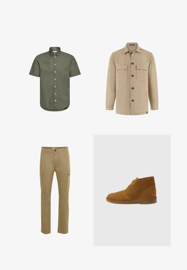 Veste-chemise beige à manches longues avec deux poches poitrine à rabat, poches latérales, col classique, et boutons marron.; Chemise boutonnée à manches courtes, verte olive, col pointu et boutons blancs, design uni, vue de face, sans motifs ni logos visibles.; Pantalons cargo beige avec une coupe droite, fabriqués en coton robuste. Dotés de poches latérales, d'une fermeture à bouton et de détails de genoux renforcés.; Botte désert en daim marron montant à la cheville avec deux œillets et semelle en crêpe sur fond gris clair uni.