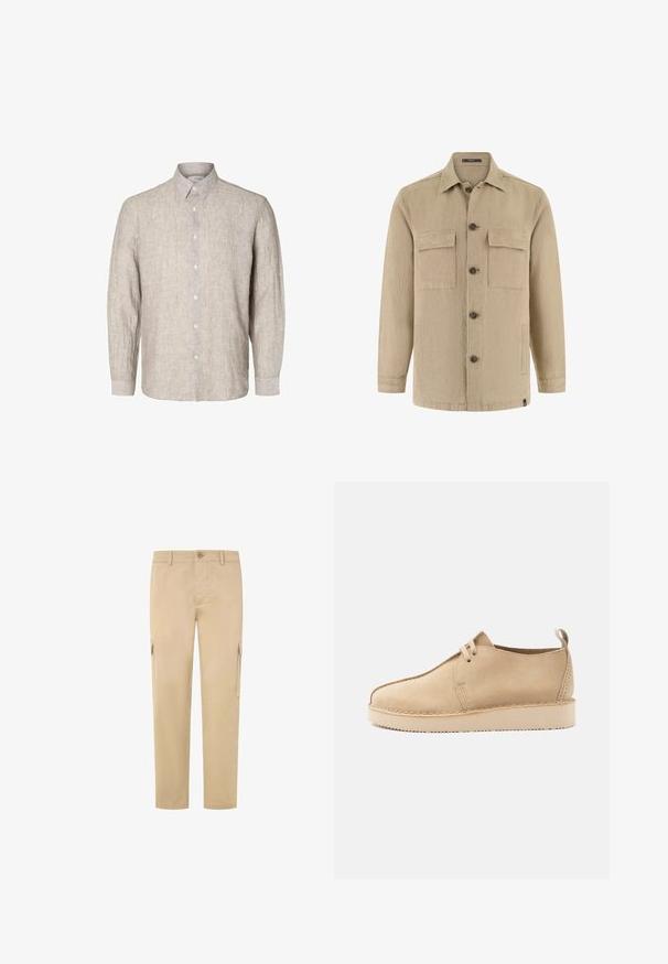 Beige Hemdjacke mit langen Ärmeln, zwei Brustklappentaschen und Seitentaschen, klassischem Kragen und braunen Knöpfen.; Helles graues Leinenhemd mit langen Ärmeln, geknöpftem Kragen und vorderer Knopfleiste. Textil mit einer dezenten Struktur.; Beige Cargo-Hosen aus Baumwolle mit geradem Bein, zwei Seitentaschen und einem Knopfverschluss an der Taille. Glatte Textur.; Beiger Wildleder-Schnürschuh mit abgerundeter Spitze, dicker Sohle und Zugschlaufe an der Ferse, in Seitenansicht vor weißem Hintergrund gezeigt.