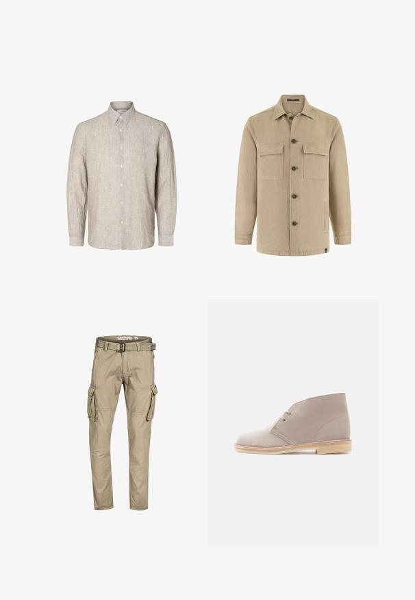 Beige Hemdjacke mit langen Ärmeln, zwei Brustklappentaschen und Seitentaschen, klassischem Kragen und braunen Knöpfen.; Helles graues Leinenhemd mit langen Ärmeln, geknöpftem Kragen und vorderer Knopfleiste. Textil mit einer dezenten Struktur.; Beige Cargohosen mit mehreren Taschen, darunter Klappentaschen an den Seiten, und einem passenden Stoffgürtel mit Schnallverschluss.; Beiger Wildleder-Stiefelette mit Zwei-Ösen-Schnürung, Kreppsohle und niedrigem gestapeltem Absatz, seitlich auf einfarbigem Hintergrund gezeigt.