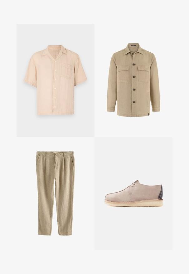 Beige overhemdjack met lange mouwen, twee borstflapzakken en zijzakken, klassieke kraag en bruine knopen.; Korte mouwen, lichtbeige linnen shirt met een puntige kraag, knopen aan de voorkant en een borstzak. Glad textuur en een relaxte pasvorm.; Beige linnen casual broek met een trekkoord in de taille, zijzakken en een ontspannen rechte pasvorm.; Beige suède casual schoen met twee veterogen, een crepézool en een donkerbruine hielstuk, in zijaanzicht afgebeld tegen een witte achtergrond.