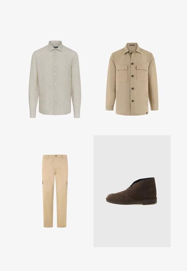 Beige overhemdjack met lange mouwen, twee borstflapzakken en zijzakken, klassieke kraag en bruine knopen.; Lichtbeige overhemd met lange mouwen van linnen, met een effen textuur, puntige kraag en zes knopen aan de voorkant, voorzien van knoopmanchetten.; Beige cargobroek van katoen, met een rechte pijp, twee zijzakken en een knoopsluiting in de taille. Soepele textuur.; Bruine suède enkellaars met twee veteroogjes, lage hak en gestikte zool op een effen lichtgrijze achtergrond.