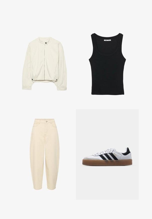 Off-white bomber bunda s predným zipsom, golierom a manžetami na patentky a bočnými vreckami na dlhých rukávoch.; Čierne rebrované tielko bez rukávov s okrúhlym výstrihom a rovnou spodnou časťou, štítok na vnútornej zadnej strane krku.; Béžové vysokooválne džínsy so širokým strihom. Obsahujú päť vreciek, predný zips a zapínanie na gombík. Vyrobené z odolnej bavlnenej látky.; Biele kožené tenisky s čiernymi pruhmi, gumová podrážka, okrúhla špička, šnurovanie a mäkký sivý semišový špička.