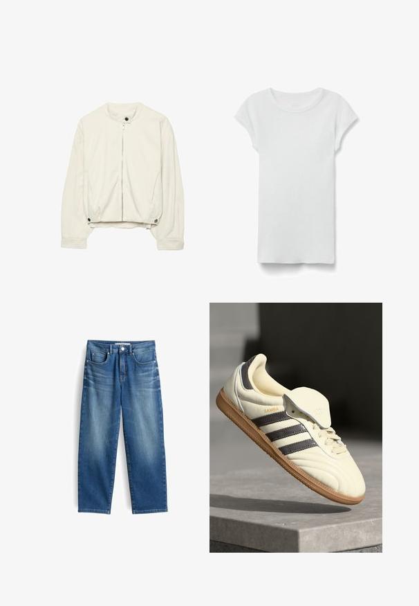 Blouson aviateur blanc cassé avec fermeture éclair à l'avant, col et poignets à boutons-pression, et poches latérales sur des manches longues.; T-shirt blanc à manches courtes, côtelé, col rond, posé à plat sur fond blanc, montrant le devant et un style simple et décontracté.; Jean en denim bleu avec une coupe droite, cinq poches et un léger délavage sur les cuisses. Doté d'une fermeture à bouton et de passants de ceinture.; Baskets en cuir crème avec trois bandes sombres, une semelle extérieure en gomme marron et un bout arrondi. Présentent une languette pliable étiquetée "SAMBA."