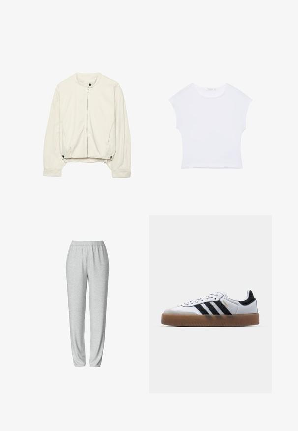 Off-white bomberjack met een ritssluiting aan de voorkant, een kraag en manchetten met drukknoop, en zijzakken op lange mouwen.; Witte cropped T-shirt met korte mouwen en een ronde hals, gemaakt van gladde stof, plat neergelegd op een witte achtergrond.; Grijze sweatpants met een elastische tailleband, taps toelopend ontwerp, zachte textuur en zonder zichtbare patronen of hardwaredetails.; Witte leren sneakers met zwarte strepen, gumrubberen buitenzool, ronde neus, vetersluiting en een zachte grijze suède neuskap.