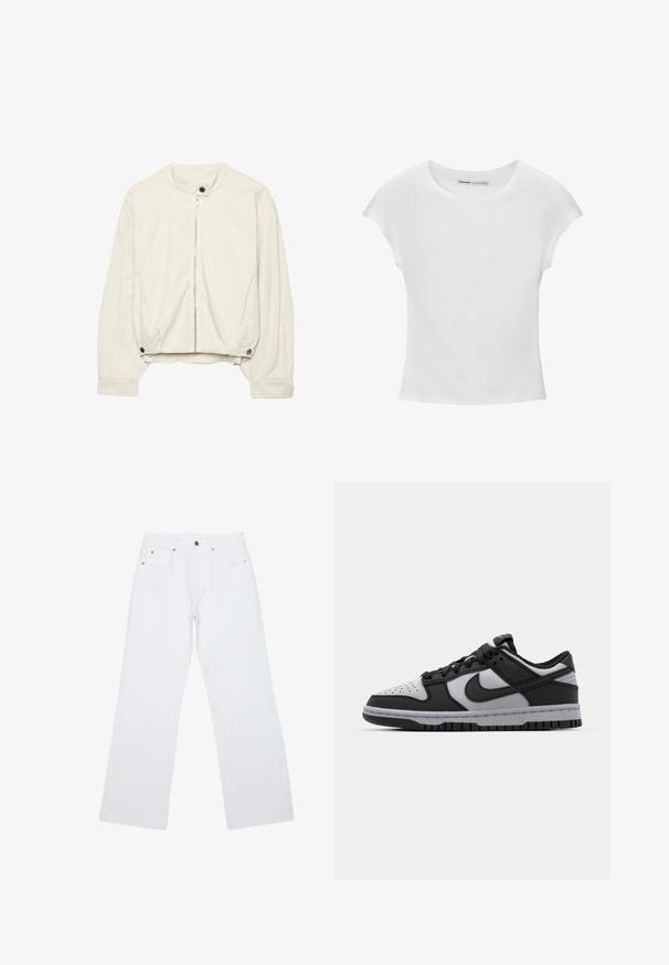 Off-white bomber bunda s predným zipsom, golierom a manžetami na patentky a bočnými vreckami na dlhých rukávoch.; Biele bavlnené tričko s krátkymi, stočenými rukávmi, okrúhlym výstrihom a rovnou lemovkou. Hladká textúra bez viditeľných vzorov alebo akcentov.; Biele rifle s rovnými nohavicami, piatimi vreckami, pásikovými slučkami a zapínaním vpredu na gombík a zips, položené na bielom pozadí.; Čierne a šedé nízke tenisky Nike Dunk s perforovanou špičkou, hladkými koženými akcentmi a gumovou podrážkou so štruktúrovaným dezénom.