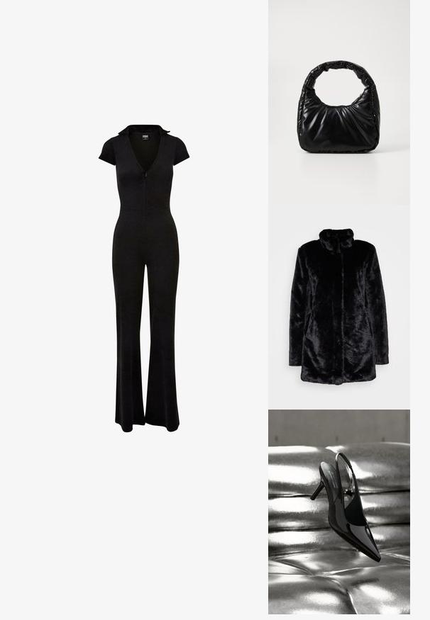 Sorte imiteret pelsfrakke med høj krave, blød tekstur, lange ærmer og åben frontdesign. Ingen synlige lukninger.; Sort jumpsuit med lynlås foran, korte ærmer og krave. Vide ben og en tætsiddende talje, lavet af en glat, strækbar stof.; Sort laklæder slingback stilet sko placeret på en skinnende metallisk sølv læder pude baggrund.; Sort polstret håndtaske med et rundt håndtag, der har en glat, skinnende overflade og en blød, kviltet tekstur. Ingen synlige hardware eller accenter.