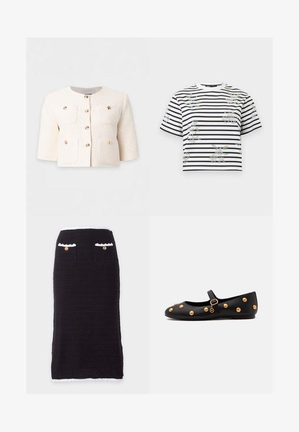 Veste courte à manches texturée couleur crème, col rond, six boutons dorés et quatre poches plaquées devant sur un fond uni.; Chemise à manches courtes rayée blanche et marine avec col rond, ornée de petits motifs floraux en perles blanches et vertes dispersés sur le tissu.; Jupe crayon en maille noire avec bordure blanche à la taille et à l'ourlet, comportant deux poches avant, chacune avec un bouton doré.; Chaussure plate Mary Jane noire avec des clous ronds dorés, une bride à boucle dorée et un petit charme doré suspendu à la bride.