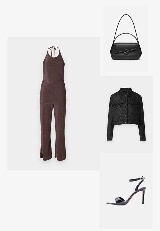 Veste cropped noire avec un tissage texturé, présentant des accents métalliques, un col, deux poches poitrine et une fermeture à boutons sur le devant.; Combinaison pailletée violette foncée avec un col halter et un lien ajustable. Corsage ajusté, design à jambes larges, texture lisse et ourlets fendus.; Sandale à talon haut en cuir verni noir, à bout ouvert, avec bride à la cheville et fermeture à boucle, vue de profil sur fond blanc.; Sac à main en cuir noir avec bords arrondis, rabat asymétrique, fermoir circulaire en métal, et des bandoulières courtes et longues.
