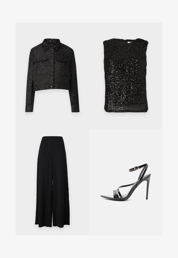 Chaqueta negra corta con tejido texturizado, con acentos metálicos, un cuello, dos bolsillos en el pecho y cierre delantero con botones.; Top negro sin mangas cubierto de pequeños y brillantes lentejuelas negras, con un escote redondo y cierre de cremallera en la parte trasera, exhibido en plano.; Pantalones de pierna ancha negros, confeccionados con una tela texturizada, que presentan una cintura alta con pliegues y bordes limpios para una silueta elegante.; Sandalia negra de tacón alto con finas tiras sobre los dedos y el tobillo, con una hebilla dorada en un tacón stiletto delgado.