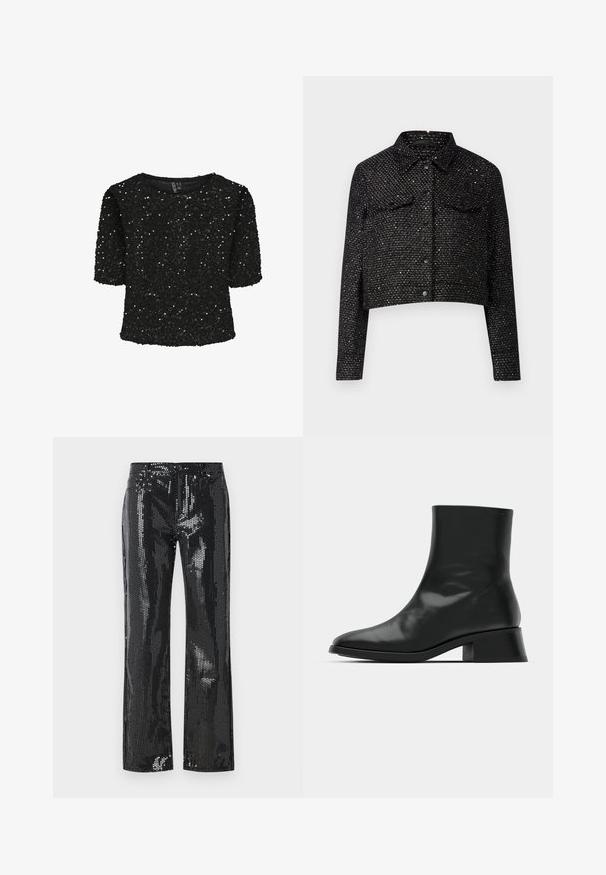 Zwarte cropped jack met een gestructureerde weving, met metalen accenten, een kraag, twee borstzakken en een sluiting met knopen aan de voorkant.; Zwarte korte mouwen top bedekt met pailletten, met een ronde halslijn en een zachte textuur. Versterkt met glans en een relaxte pasvorm.; Zwarte paillettenbroek met een aangesloten ontwerp en een flared leg. De stof heeft een glanzende textuur met een patroon van kleine, reflecterende schijven.; Zwarte enkelboot van glanzend leer, met een slank ontwerp, spitse neus en een gematigde blokhak voor stabiliteit.