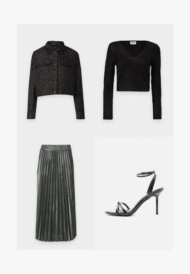 Sort cropped jakke med en struktureret vævning, prydet med metalliske detaljer, krave, to brystlommer og frontknaplukning.; Sort langærmet crop top med V-hals, tekstureret stof med et mønster og en tætsiddende pasform. Blødt materiale med en subtil glans.; Metallic grøn plisseret nederdel med elastisk talje. Har smalle, vertikale plisser og et mellemlangt design, der skaber en struktureret silhuet.; Sort laklæder høje hæle sandal med tynde remme, der krydser tæerne, og en ankel spænde rem på en hvid baggrund.