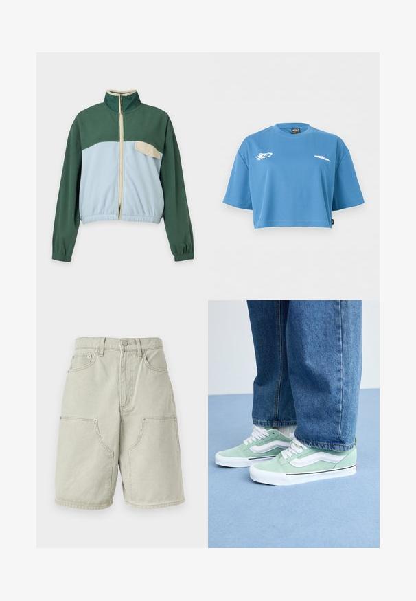 Veste polaire verte et bleu clair avec une fermeture éclair à l'avant, un col montant, des poignets élastiques et une poche poitrine beige à bouton-pression sur le côté gauche.; T-shirt de sport bleu court à manches courtes, col rond, avec de petits logos blancs représentant une flamme et une aile sur le devant, au niveau de la poitrine.; Shorts en denim gris clair avec bouton et fermeture éclair à l'avant, passants pour ceinture, deux poches plaquées avant et poches latérales, style longueur genou.; Personne portant des sneakers vert clair et blancs avec des lacets blancs et un jean bleu, se tenant sur un sol bleu clair.