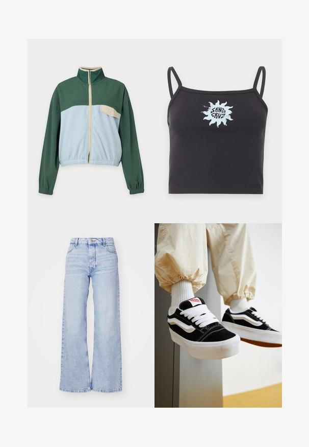 Grøn og lyseblå fleecejakke med lynlås foran, høj krave, elastiske manchetter og en beige brystlomme med trykknap på venstre side.; Sort cropped tanktop med tynde stropper og lys blå solgrafik, der holder teksten "Santa Cruz" midt foran.; Roxy MILLA - Wide leg - glacier; Person iført sorte og hvide Vans sneakers med hvide snørebånd, hvide sokker og beige bukser med elastiske manchetter.