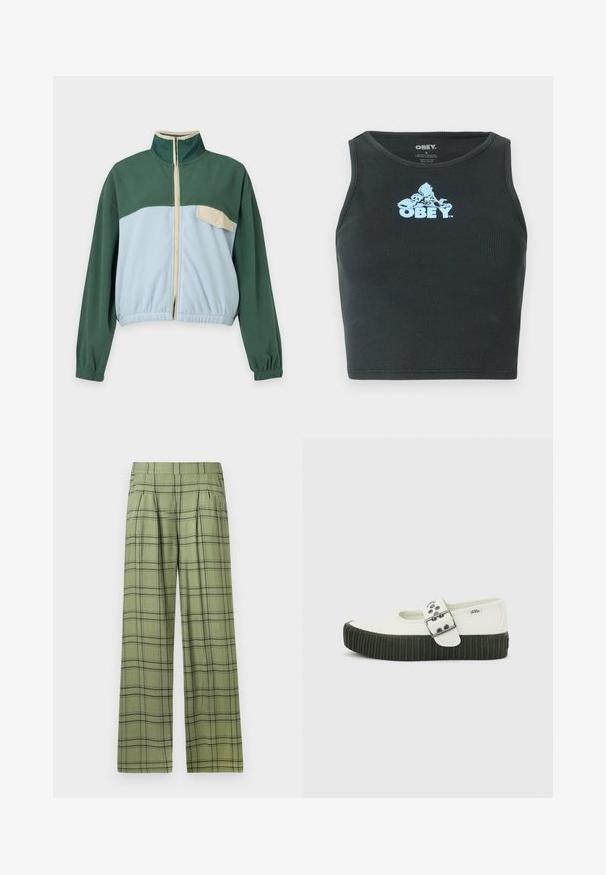 Groene en lichtblauwe fleecejas met een ritssluiting aan de voorkant, hoge kraag, elastische manchetten en een beige borstzakje met drukknop aan de linkerkant.; Zwarte geribbelde katoenen cropped tanktop met een lichtblauw grafisch logo in het midden van de borst. Mouwloos ontwerp met een ronde hals.; Groene wijde broek met een zwart plaid patroon en een hoge tailleband, voorplooien en zijzakken.; Witte Vans Mary Jane schoen met dikke zwarte geribbelde zool en grote zilveren gesp op effen grijze achtergrond.