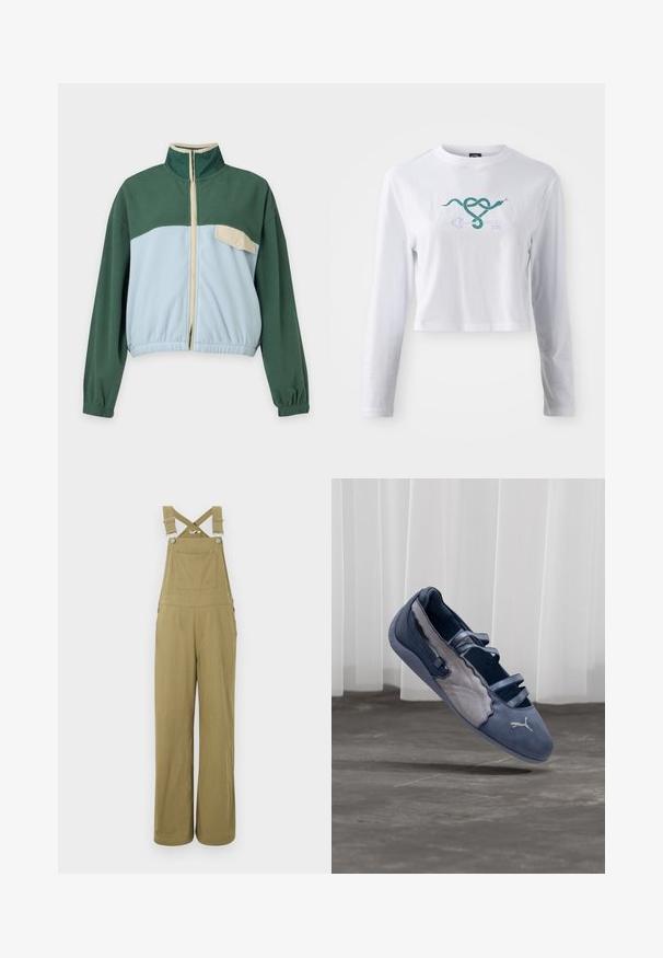 Veste polaire verte et bleu clair avec une fermeture éclair à l'avant, un col montant, des poignets élastiques et une poche poitrine beige à bouton-pression sur le côté gauche.; T-shirt cropped à manches longues blanche en coton, avec un graphique d'un serpent vert s'entrelassant avec un motif de clé sur le devant.; Salopette à jambes larges de couleur kaki avec bretelles réglables, une poche poitrine et des boutons métalliques en accent sur un fond uni.; Chaussure plate Puma bleue et grise avec trois brides élastiques, panneau latéral texturé, et logo Puma blanc, en suspension au-dessus d'un sol en béton.