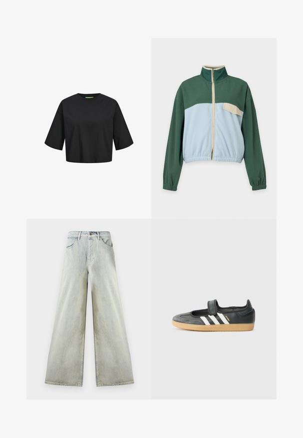 Veste polaire verte et bleu clair avec une fermeture éclair à l'avant, un col montant, des poignets élastiques et une poche poitrine beige à bouton-pression sur le côté gauche.; T-shirt en coton noir cropped avec un col rond, des manches courtes et un détail d'étiquette verte au niveau du col. Texture lisse et douce.; Jean en denim à taille haute, coupe large et lavage clair, doté de poches avant, passants pour ceinture et une fermeture par bouton brun à la taille.; Sneaker en cuir noir et suède avec une sangle Velcro, arborant trois bandes blanches et une semelle en caoutchouc, étiqueté "SAMBA" sur le côté.