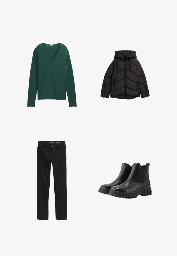 Čierna páperová bunda s kapucňou, so zipsovým predným uzáverom, dvoma bočnými zipsovými vreckami a vzorom v tvare chevron. Vyrobená z ľahkého materiálu.; Zelený sveter s dlhým rukávom a hlbokým V-výstrihom, vyrobený z mäkkého materiálu. Má uvoľnený strih a jemnú, hladkú textúru.; Čierne rovné džíny vyrobené z denimu, s piatimi vreckami, zapínaním na gombík a jemnou textúrou. Logo značky na vnútornej strane pásu.; TOM TAILOR Členkové čižmy - black