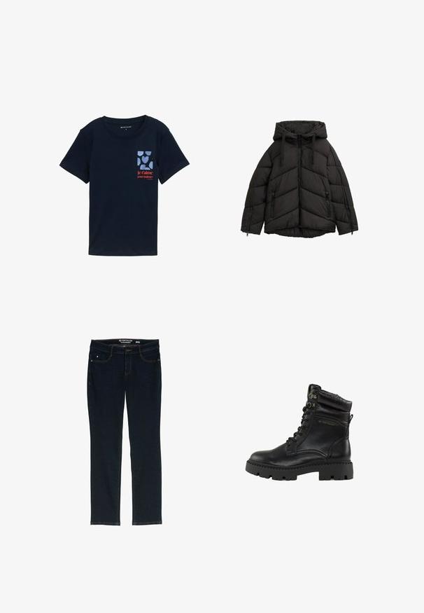 Doudoune noire avec capuche, dotée d'une fermeture éclair à l'avant, de deux poches zippées sur les côtés et d'un motif matelassé en chevrons. Fabriquée en matériau léger.; T-shirt en coton bleu marine à manches courtes, avec une impression de poche ornée de cœurs bleus et un texte rouge disant "je t'aime pour toujours."; Jean droit bleu foncé en denim. Comprend cinq poches, des coutures orange contrastantes et une étiquette à la taille avec le nom de la marque.; Bottes noires à lacets avec une finition en cuir brillant, un col rembourré et une semelle en caoutchouc épaisse. Présente des œillets en métal et un logo sur le côté.