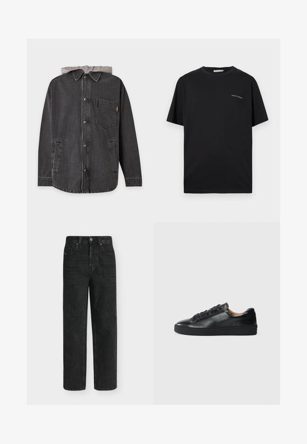Veste noire à fines rayures avec boutons, capuche grise, poche poitrine et deux poches latérales avant.; T-shirt noir à manches courtes avec logo texte "Tiger of Sweden" sur le haut à gauche de la poitrine, col rond et coupe régulière.; Jean noir coupe droite avec taille haute, bouton et fermeture éclair à l'avant, poches latérales et arrière, présenté sur un fond clair uni.; Baskets en cuir noir avec une texture lisse, bout rond et fermeture à lacets. Comprend une semelle en caoutchouc épaisse et un minimum de détails de marque.