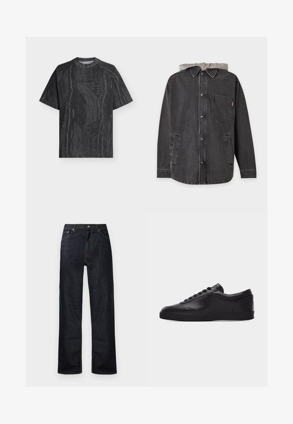 Veste noire à fines rayures avec boutons, capuche grise, poche poitrine et deux poches latérales avant.; T-shirt noir à manches courtes avec col rond, motif abstrait gris foncé subtil et tissu texturé, présenté à plat sur un fond clair.; Jean en denim bleu foncé avec un design à jambe droite, cinq poches et des détails de surpiqûre orange. Fermeture à bouton en métal et zip.; Baskets basses en cuir noir avec lacets sur le devant et semelle en caoutchouc plate, vues de côté sur un fond blanc uni.