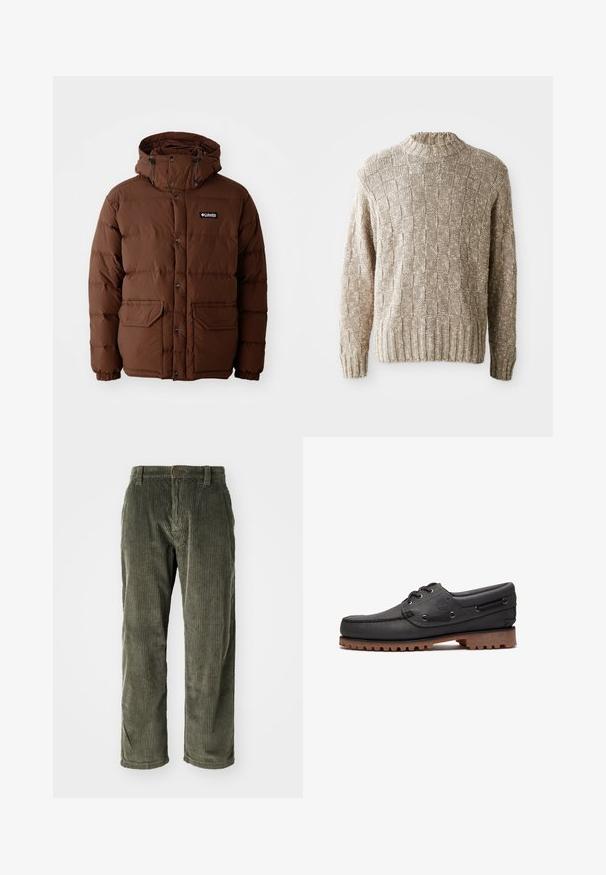 Brun pufferjakke med hætte, der har lynlås lukning, trykknapper og to forlommer. Fremstillet af quiltet, vandafvisende materiale.; Beige strikket sweater med et tekstureret ternet mønster, ribbet halsudskæring og kant samt lange ærmer. Fremstillet i et blødt, let materiale.; Olivengrønne fløjlsbukser med lodrette ribber, der har knaplukning og lige ben. Blød tekstur med en klassisk pasform.; Sort læder bådsko med snøredetaljer, rund tå, struktureret brun gummisål og sydd læderside.