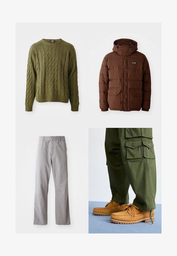 Chaqueta de plumón marrón con capucha, que cuenta con cierre de cremallera, botones a presión y dos bolsillos frontales. Fabricada con material acolchado y resistente al agua.; Suéter verde de punto trenzado con cuello redondo, patrón texturizado, puños y dobladillo acanalados, con motas de color a lo largo de la tela.; Pantalones de algodón grises con un diseño de pierna recta, que presentan un cierre frontal con botón y lazos para cinturón. Textura suave y detalles mínimos.; Timberland AUTHENTIC 3 EYE - Náuticos - wheat