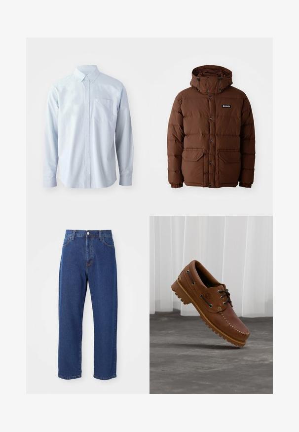 Chaqueta de plumón marrón con capucha, que cuenta con cierre de cremallera, botones a presión y dos bolsillos frontales. Fabricada con material acolchado y resistente al agua.; Camisa de manga larga azul claro fabricada en algodón. Presenta un collar con botones, botones frontales y un bolsillo en el pecho del lado izquierdo.; Vaqueros de tiro alto de algodón, con una silueta de pierna recta, costuras visibles y un cierre de botón en la parte delantera.; Zapato náutico de cuero marrón con cordones negros, costuras beige y una suela resistente, suspendido sobre un suelo de hormigón gris.