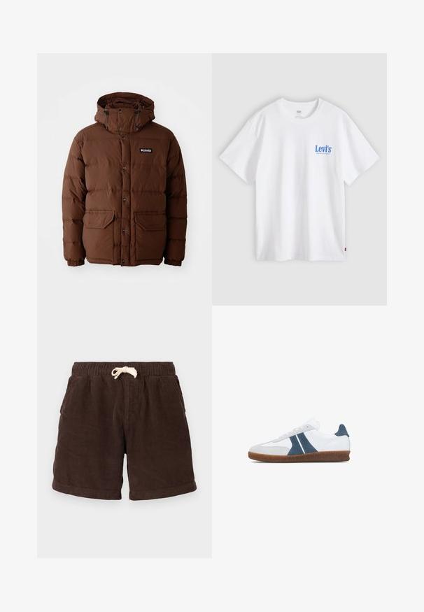 Brun pufferjakke med hætte, der har lynlås lukning, trykknapper og to forlommer. Fremstillet af quiltet, vandafvisende materiale.; Hvid Levi's t-shirt med korte ærmer, blå logo tekst på venstre bryst og lille rødt mærke i sidesøm mod en lys grå baggrund.; Brune kordfløjsshorts med elastisk talje, snorlukning og sidelommer. Stoffet har vertikale ribber og en tekstureret overflade.; Hvid lædersneaker med marineblå ruskindsdetaljer, grå detaljer og en tekstureret brun gummisål. Snøredesign og rundet tå.