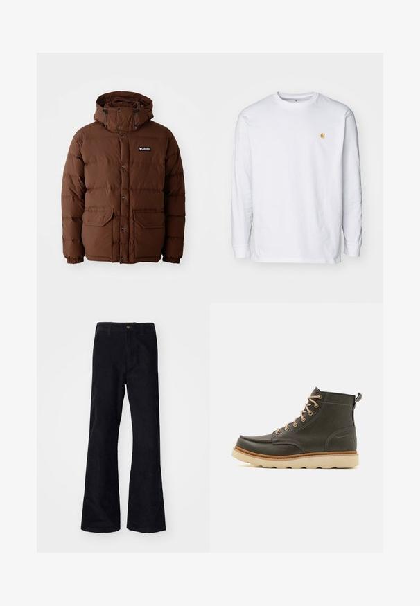 Braune Daunenjacke mit Kapuze, ausgestattet mit einem Reißverschluss, Druckknöpfen und zwei Fronttaschen. Hergestellt aus steppbarem, wasserabweisendem Material.; Weißes Langarm-T-Shirt aus Baumwolle. Mit kleinem goldenem Logo auf der Brust und Rundhalsausschnitt. Einfaches Design und normale Passform.; Schwarze, baumwollene Schlaghose mit traditionellem Bund, einem einzelnen vorderen Knopf und Taschen an den Seiten und hinten. Glatte Textur.; Dunkelgrüne Lederknöchelstiefel mit beigen Schnürsenkeln, gepolsterter Schuhkragen und strukturiertem Gummisohle. Verfügt über wasserdichte Markierungen und Nähdetails.