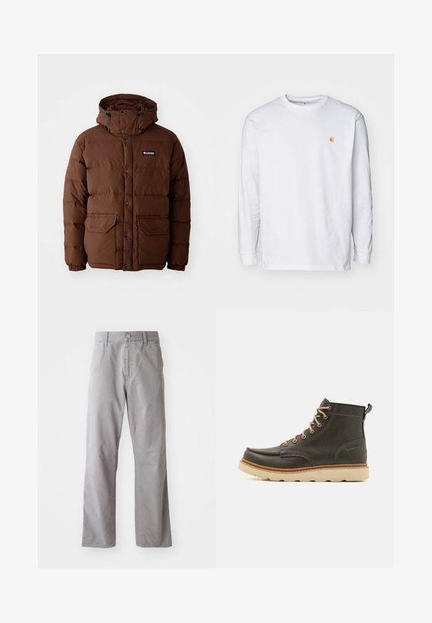 Doudoune brune avec capuche, dotée d'une fermeture éclair, de boutons-pression et de deux poches frontales. Fabriquée à partir d'un matériau matelassé et résistant à l'eau.; T-shirt à manches longues blanc en coton. Présente un petit logo doré sur la poitrine et un col rond. Design simple et coupe standard.; Pantalon en coton gris à coupe droite, avec une fermeture à bouton sur le devant et des passants de ceinture. Texture lisse et détails minimalistes.; Bottines en cuir vert foncé avec lacets beige, col rembourré et semelle en caoutchouc texturé. Présente un marquage imperméable et des détails de couture.