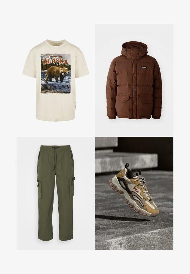 Braune Daunenjacke mit Kapuze, ausgestattet mit einem Reißverschluss, Druckknöpfen und zwei Fronttaschen. Hergestellt aus steppbarem, wasserabweisendem Material.; Cremefarbene Baumwoll-T-Shirt mit einem grafischen Druck eines Braunbären im Wasser, Bergen und Bäumen, mit "Alaska" und "The Last Frontier."; Olivgrüne Cargo-Hosen aus leichtem Material mit elastischem Bund, Kordelzug und mehreren Reißverschlusstaschen.; Massiver FILA-Sneaker mit beige-, braun- und dunkelbraunen Einsätzen, dicker, robuster Sohle, gemusterten Schnürsenkeln und Schlaufen, schwebt über strukturierten Betonstufen.
