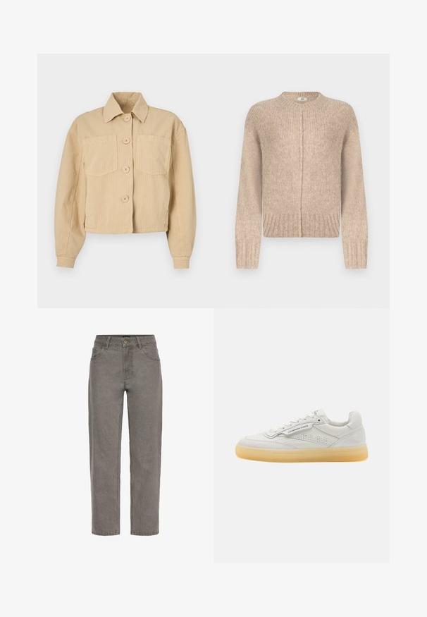 Beige kurze Jacke aus geripptem Stoff, mit spitzem Kragen, langen Ärmeln und zwei vorderen Taschen mit runden Knöpfen.; Beige gestrickter Pullover mit langen Ärmeln, Rundhalsausschnitt, geripptem Saum und Nahtdetails auf der Vorderseite. Hergestellt aus einem weichen, strukturierten Material.; Graue Jeans mit geradem Bein aus Denim, mit Knopf- und Reißverschluss, vorne und hinten Taschen sowie Gürtelschlaufen.; Weiße Leder-Sneaker mit durchbrochenen Akzenten, runder Zehenpartie und cremefarbener Gummisohle. Verfügt über tonale Nähte und ein minimalistisches Design.