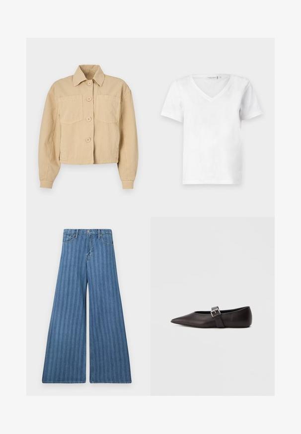 Beige kurze Jacke aus geripptem Stoff, mit spitzem Kragen, langen Ärmeln und zwei vorderen Taschen mit runden Knöpfen.; Weißes T-Shirt mit kurzen Ärmeln und V-Ausschnitt aus Baumwolle, mit einer weichen Textur und klassischer Passform. Etikett am Kragen sichtbar.; Weite Jeans in mittlerem blauen Denim mit vertikalen Streifen, ausgestattet mit einem Knopfverschluss, fünf Taschen und einer gestickten Detailierung entlang der Nähte.; Schwarzer flacher Lederschuh mit spitz zulaufender Spitze, schmalem Riemen und einer metallischen Schnalle an der Seite. Glatte Textur mit minimalistischem Design.